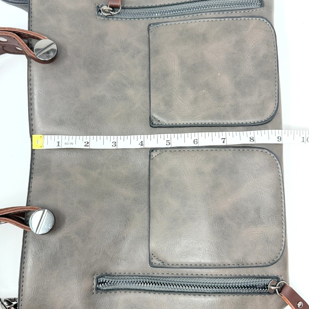 Gray Leather Tote Bag Brown Strap Large Zip Pocket Shoulder Bag - Picture 14 of 15